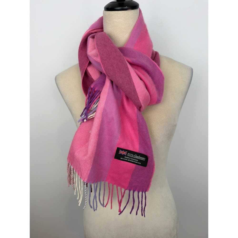 Pink Striped Cashmere Scarf Made in Scotland Fringed Barbiecore Cozy Winter Fall